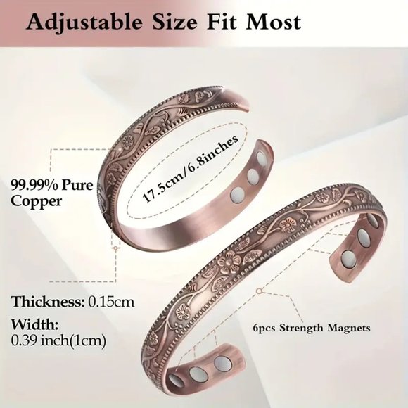 Vintage Flower Design Copper Magnetic Therapy Bracelet Arthritis Pain Bangle - Picture 3 of 5